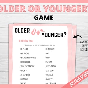 Older or Younger Printable Game, Retirement Party Games, Birthday Younger or Older Printable Party Games, Fun Printable Game, Adult Birthday