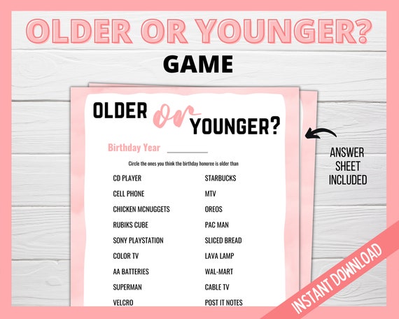 Older or Younger Printable Game, Retirement Party Games, Birthday ...