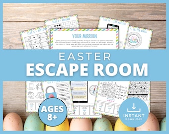 May include: Printable Easter escape room game for ages 8 and up. The game features a variety of puzzles and challenges, including a picture puzzle, a text message puzzle, a letter wheel puzzle, and a lock puzzle. The game is designed to be played by one or more players.  The game includes an instant download.