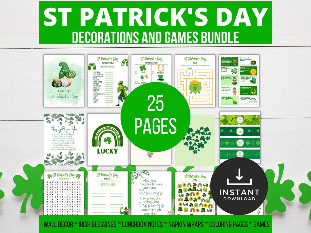 St Patricks Day Decorations and Games Bundle, Printable St Patricks ...