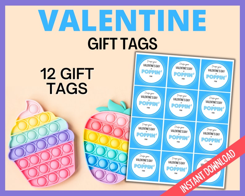 Valentine's Day Blue Poppin Gift Tags, Valentines Day Pop It Gift Tags, Valentines Day Cards, Printable Valentines Day Pop It Square Tags image 2