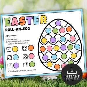 Puede incluir: Tablero de juego de Pascua imprimible con el título "Easter Roll-An-Egg". El tablero de juego presenta un huevo grande con un contorno negro y un patrón ondulado. El huevo está lleno de círculos coloridos en varios colores, incluidos amarillo, naranja, rosa, azul y verde. Las instrucciones del juego se enumeran debajo del huevo, incluyendo "Tira un dado", "Coloca un caramelo en el color que coincida con el número tirado", y "¡El primer jugador en llenar el huevo gana!"