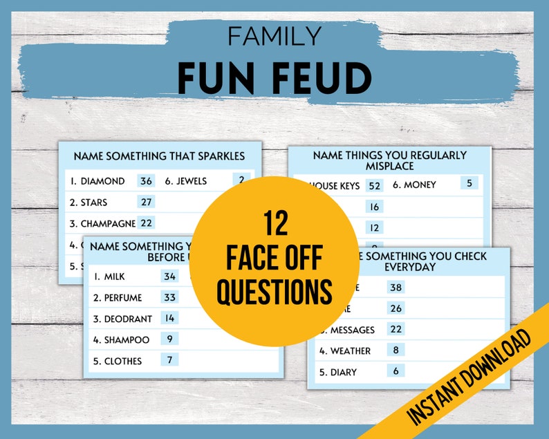 Puede incluir: Un tablero de juego imprimible para un juego familiar llamado "Fun Feud". El tablero de juego tiene 12 preguntas de cara a cara con un fondo azul y blanco. Las preguntas son sobre cosas que brillan, cosas que pierdes regularmente y cosas que compruebas todos los d&iacute;as.