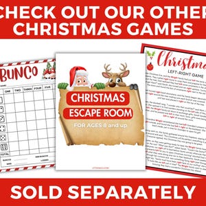 May include: Three printable Christmas games: Bunco, Christmas Escape Room for ages 8 and up, and a Left-Right game. The games are sold separately. The image has a red and white striped background.