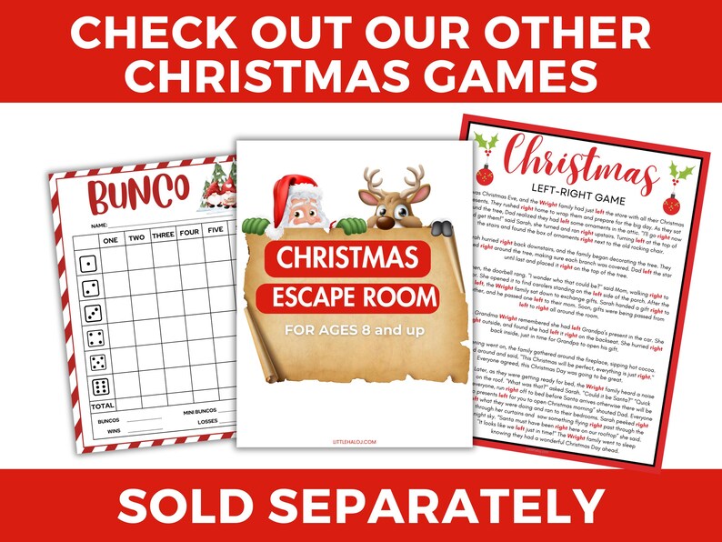 May include: Three printable Christmas games: Bunco, Christmas Escape Room for ages 8 and up, and a Left-Right game. The games are sold separately. The image has a red and white striped background.