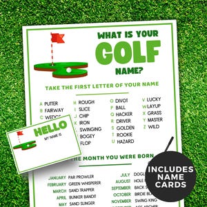 Juego "¿Cuál es tu nombre de golf?", Juego de fiesta de golf imprimible, Cumpleaños de golfista, Fiesta de jubilación, Generador de nombres de golf, Rompehielos, Juego de par-tee
