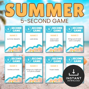 Könnte beinhalten: Ein "Summer 5-Second Game" mit Karten, die sommerliche Aufgaben enthalten. Die hellblauen Karten zeigen Strandgrafiken und Aufforderungen wie "Sommerdesserts" und "kalte Getränke". Das Bild enthält ein "Sofort-Download"-Symbol.