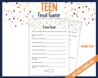 Teen Feud Game, Fun Teen Games, Teenager Feud Game, Teen Party Trivia Quiz, Blue Teenager Birthday Printable, Teen Birthday, Family Quiz