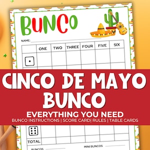 Pacote de festa para impressão e cartões de pontuação do Bunco Cinco de Mayo, regras do jogo Bunco, folha de contagem, jogo de festa mexicano, jogo de dados, terça-feira de tacos