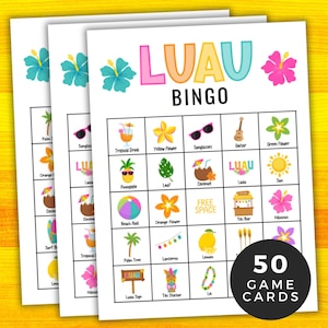 Tropische Luau-bingo, Luau-feestactiviteit, 50 afdrukbare Hawaiiaanse bingokaarten, Hawaiiaans gezelschapsspel, groepsspel, Aloha-spel