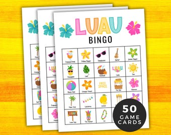 May include: A set of 50 Luau Bingo game cards. Each card has a 5x5 grid with images of tropical items like pineapples, coconuts, leis, and flowers. The cards are printed on white paper with a black border.