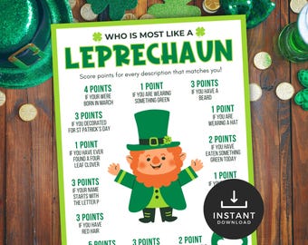Who is Most Like a Leprechaun, Printable St Patricks Party Game, St Patricks Trivia, Classroom Activity, Kids Party Game, Ice Breaker