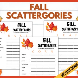 Fall Scattergories, Autumn Scattergories Printable Game, Thanksgiving Games, Fall Family Games, Kids Fall Party Games