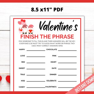 Valentines Day Finish the Phrase, Valentines Day Party Game, Fun Valentines Day Printable Games, Galentine's Day Party Games, V-Day Games image 3