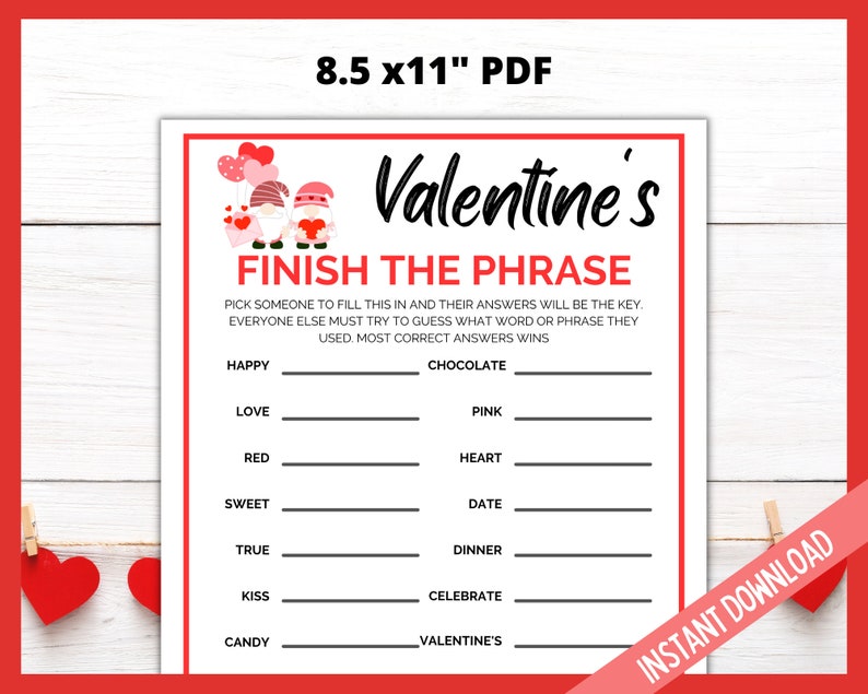 Valentines Day Finish the Phrase, Valentines Day Party Game, Fun Valentines Day Printable Games, Galentine's Day Party Games, V-Day Games image 3