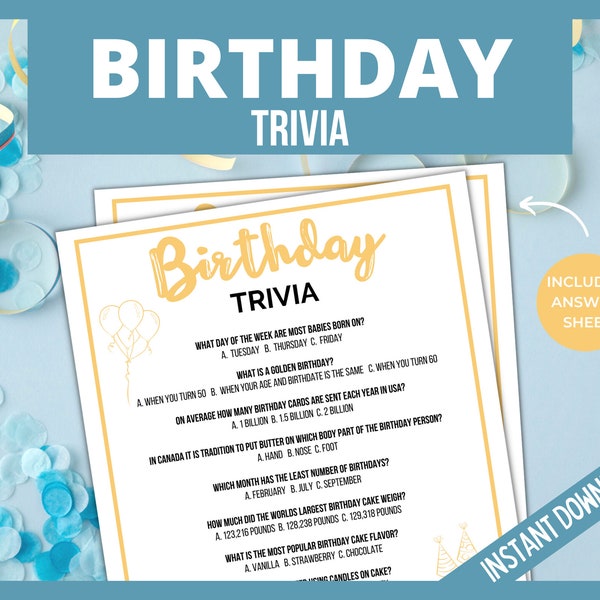 Birthday Trivia Game, Birthday Trivia, Family Games, Fun Birthday Party Quiz, Birthday Party Printable Games