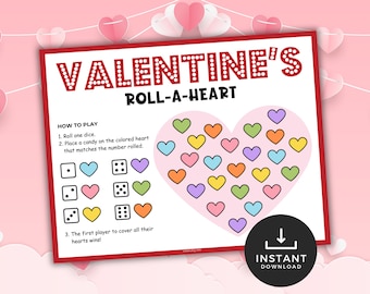 Roll a Heart Valentines Day Printable Game, Classroom Valentines Party Activity, Heart Dice Game, Kids Printable Valentines, Rolling Hearts
