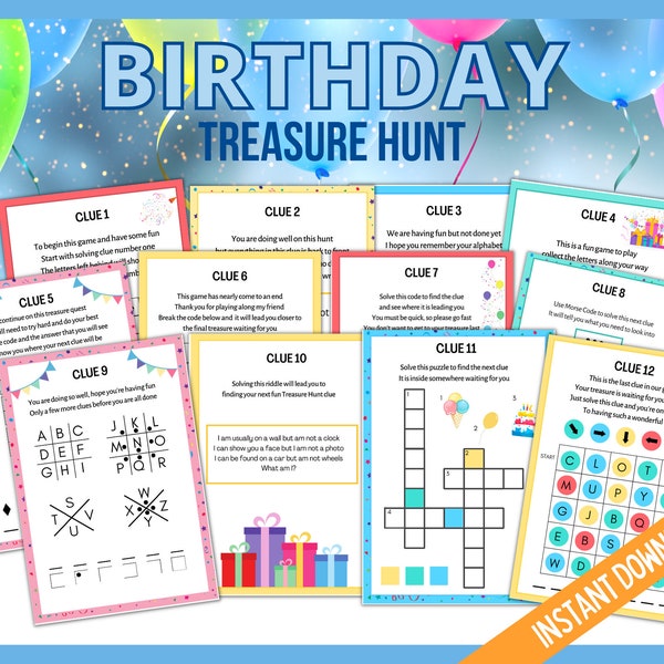 Birthday Treasure Hunt for Teens, kids,Birthday Scavenger Hunt for older kids, Teenager Party Games, Party Activity, Printable Birthday Hunt