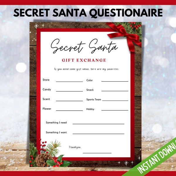 Secret Santa Gift Exchange, Secret Santa Questionnaire, Printable Christmas Gift Exchange List, Gift Ideas for Christmas, Xmas Gift Exchange