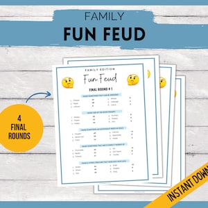 Puede incluir: Un juego familiar imprimible llamado "Fun Feud" con cuatro rondas finales. El juego est&aacute; dise&ntilde;ado para jugar con la familia y los amigos. El juego incluye un formato de preguntas y respuestas con un emoji pensante.
