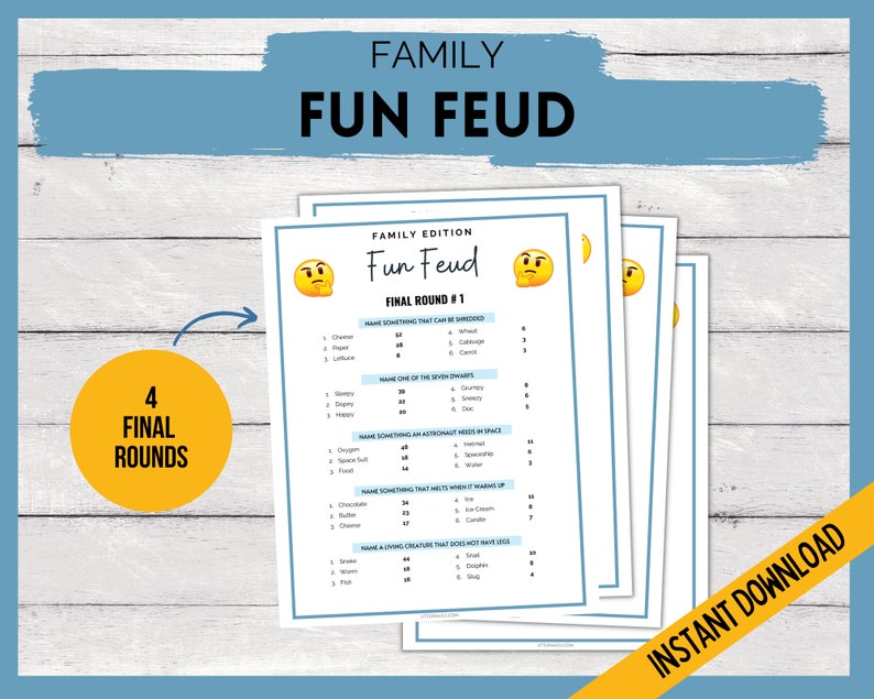 Puede incluir: Un juego familiar imprimible llamado "Fun Feud" con cuatro rondas finales. El juego est&aacute; dise&ntilde;ado para jugar con la familia y los amigos. El juego incluye un formato de preguntas y respuestas con un emoji pensante.