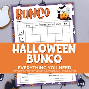 Op de afbeelding: Een Halloween Bunco-spelblad met een oranje en wit ontwerp. Het blad bevat ruimtes voor scores en dobbelstenen, met Halloween-thema-illustraties van een pompoen, een spook en een zwarte kat. De woorden "Halloween Bunco" staan prominent weergegeven.