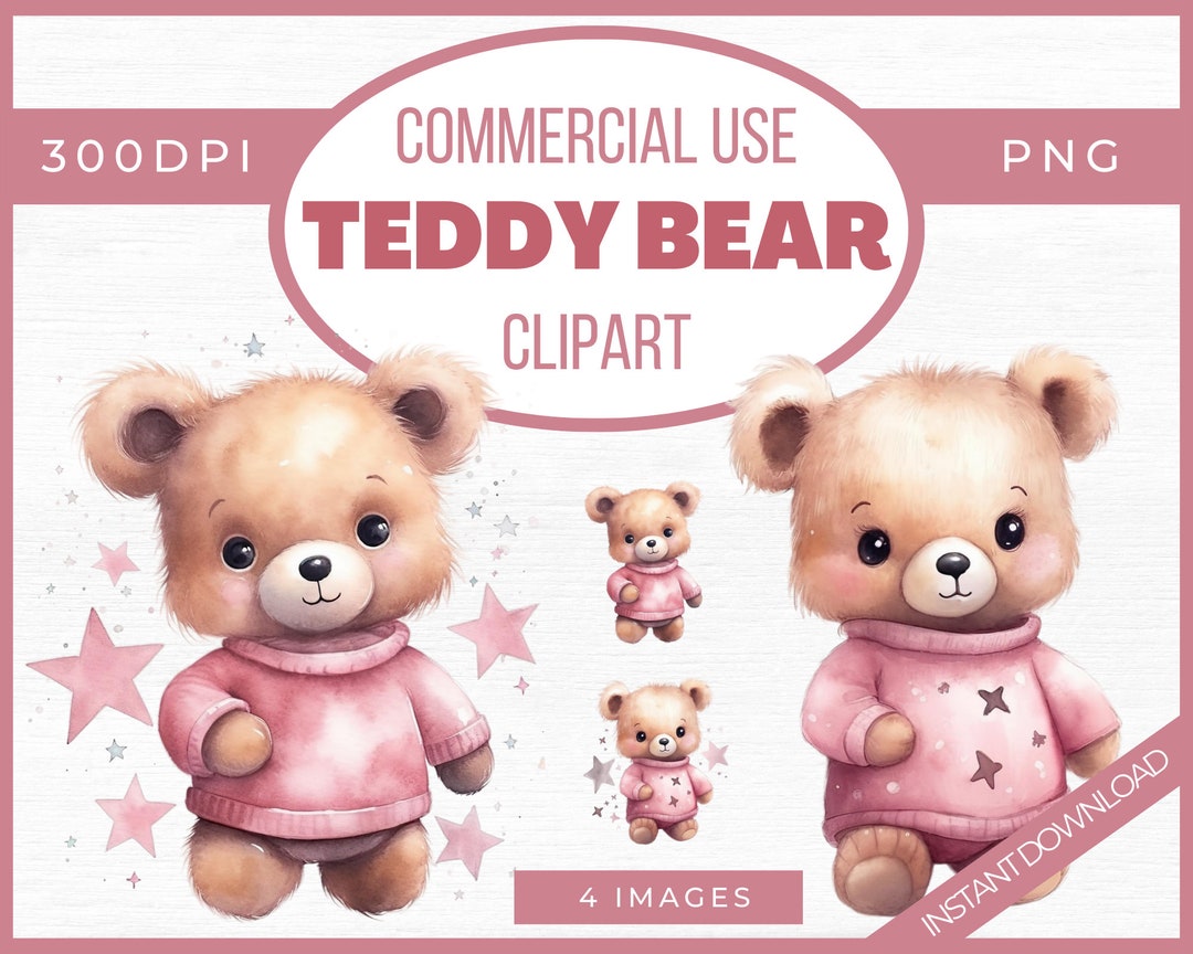 Watercolor Teddy Bear Clip Art, Clipart Pack, Baby Shower for Girl ...