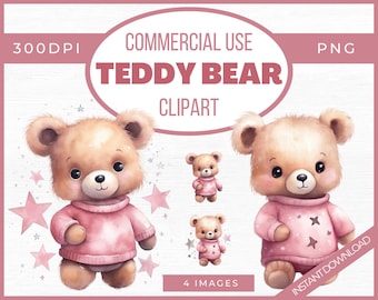 Watercolor Teddy Bear Clip Art, Clipart Pack, Baby Shower for girl, Clipart for commercial use, Transparent PNGs, Cute Pink Teddybear