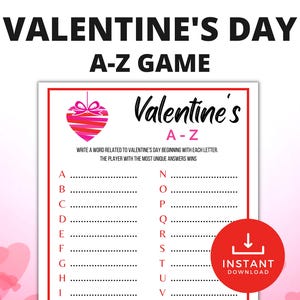 Valentine&#39;s Day A-Z Game, Valentine&#39;s Day Game, Galentine&#39;s Day Party Games, V-Day Games, Fun Valentines Day Games, Valentines Printables
