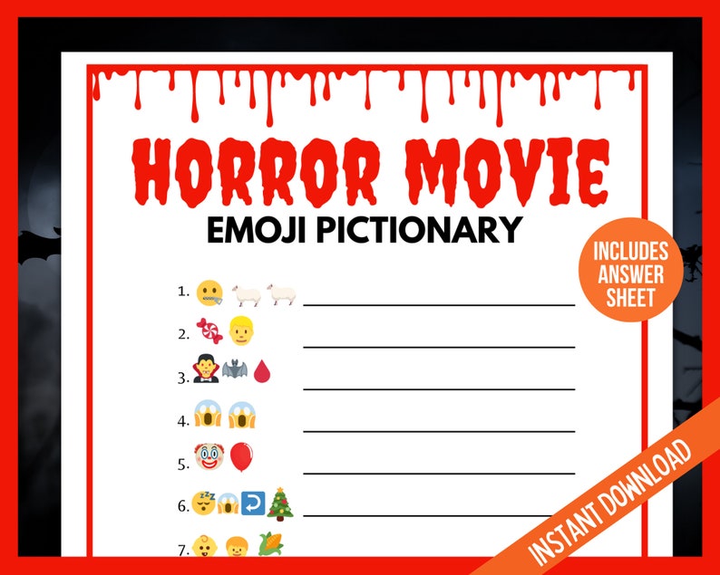 Halloween Horror Movie Emoji Pictionary, Halloween Printable Game, Halloween Trivia, Scary Movie Trivia, Halloween Quiz, Teen Halloween Game image 2