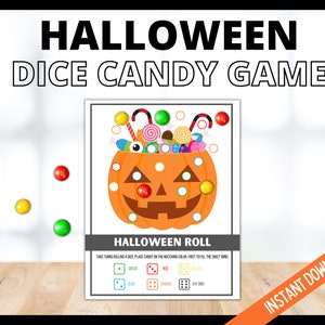 Rouler un jeu de dés de bonbons d'Halloween, jeux imprimables d'Halloween pour les enfants, jeu de dés de bonbons à la citrouille de fête d'Halloween, jeux d'Halloween pour les préadolescents image 1