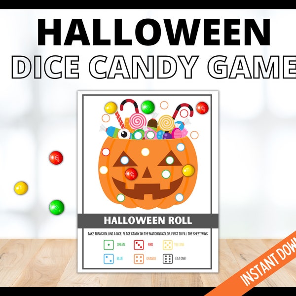 Roll a Halloween Candy Dice Game, Halloween Printable Games for Kids, Halloween Party Pumpkin Candy Dice Game, Halloween Games for Tweens