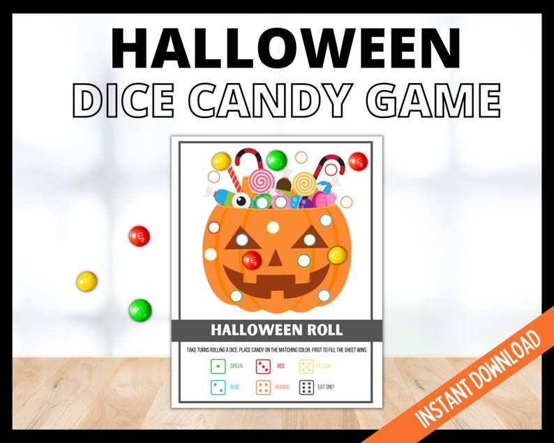 Rouler un jeu de dés de bonbons d'Halloween, jeux imprimables d'Halloween pour les enfants, jeu de dés de bonbons à la citrouille de fête d'Halloween, jeux d'Halloween pour les préadolescents image 1