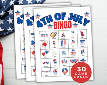 4th of July Bingo, Fourth July Bingo Game, 30 Printable 4th July Bingo Cards, Fourth of July Activity, Independence Day Themed Party Games
