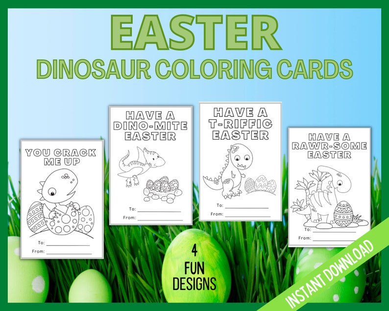 Easter Coloring Cards, Kids Easter Dinosaur Cards, Dinosaur Coloring Easter Cards, Printable Easter Cards, Dino Classroom Cards, Kids Games image 1