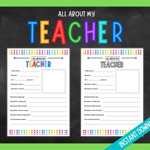 All About My Teacher, Teacher Appreciation Week Printable, Teacher Thank You, Teacher Appreciation Gift, Printable Coloring Card For Teacher