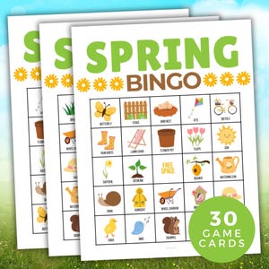 Könnte beinhalten: Ein Satz von 30 druckbaren Frühlings-Bingo-Karten mit Bildern von Frühlingsmotiven wie Schmetterlingen, Gummistiefeln, einem Vogelnest, einer Schubkarre und einer Gießkanne. Die Karten sind weiß mit einer braunen Titelzeile, auf der "Spring Bingo" steht.