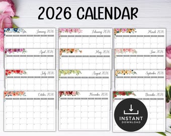 2026 Blumenkalender, Monatsplaner, Wandkalender 2026, Digitaler Download