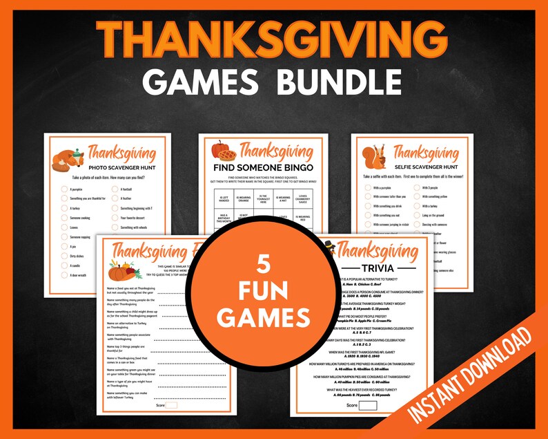 Thanksgiving Games Bundle, Selfie Scavenger Hunt, Find Someone Bingo, Thanksgiving Trivia, Thanksgiving Feud, Family Thanksgiving Fun image 1