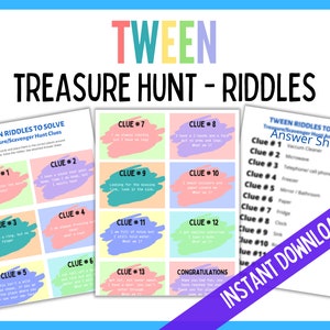 Tween Scavenger Hunt, Treasure Hunt, Tween Clues, Birthday Scavenger Hunt, Birthday Treasure Hunt, Tween Games, Instant Download, Riddles