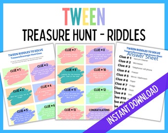 Tween Scavenger Hunt, Treasure Hunt, Tween Clues, Birthday Scavenger Hunt, Birthday Treasure Hunt, Tween Games, Instant Download, Riddles
