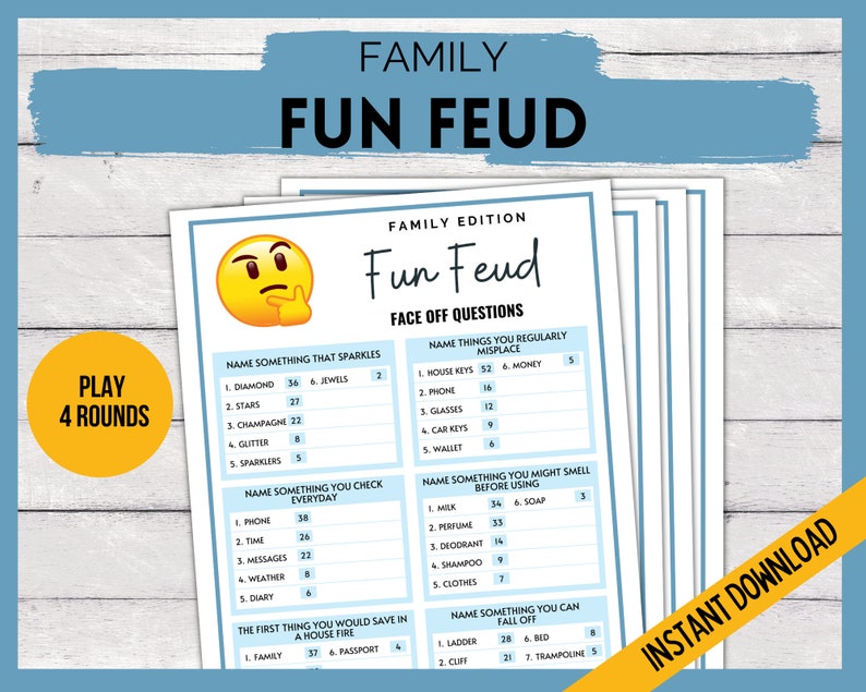 Puede incluir: Un tablero de juego imprimible para un juego familiar llamado "Fun Feud". El tablero de juego es azul y blanco con una cara de dibujos animados en la parte superior. El tablero de juego tiene una lista de preguntas y respuestas para una noche de juegos en familia.