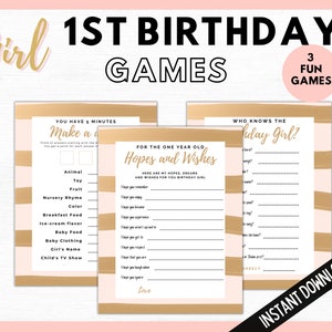 May include: Three printable game cards for a first birthday party. The cards are pink and gold with white text. The games are "Make a Guess", "Hopes and Wishes", and "Who Knows the Birthday Girl?"