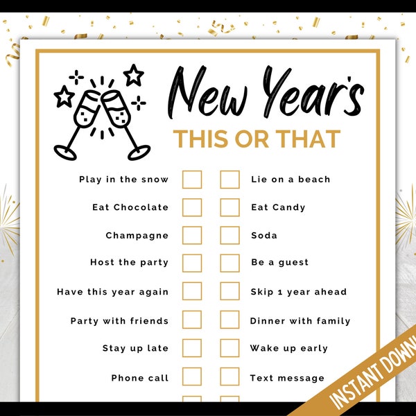 New Year's Eve This or That, New Years Eve Would You Rather Game, NYE Party Game, New Years Party Game, Kids, Teens and Adult Games