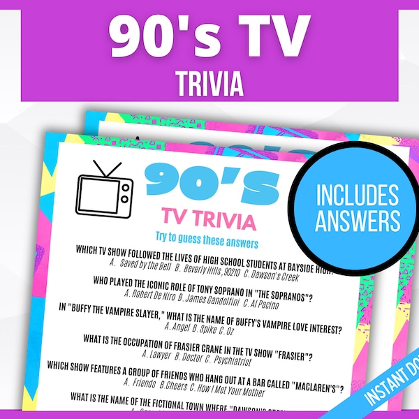 90s TV Trivia Game, 1990s Printable Party Game, TV Show trivia, nineties Party, Back to the 90s, Millennial Birthday, 90s Sitcom TV