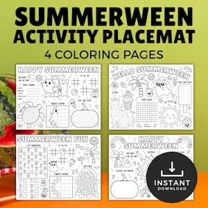 以下が含まれることがあります： Summerweenと題された4枚の白黒アクティビティプレースマットのセット。幽霊、カボチャ、ヤシの木、三目並べ、単語探し、迷路などのゲームが描かれた塗り絵ページが含まれています。テキストにはSummerween Activity Placematと書かれています。