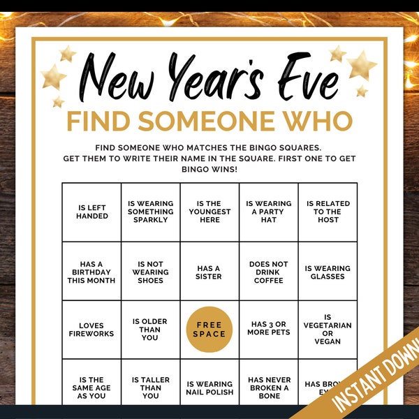 New Year's Eve Find Someone Who, New Years Eve Bingo Game, New Year's Eve Party Games, NYE Printable Party Games, New Years Games
