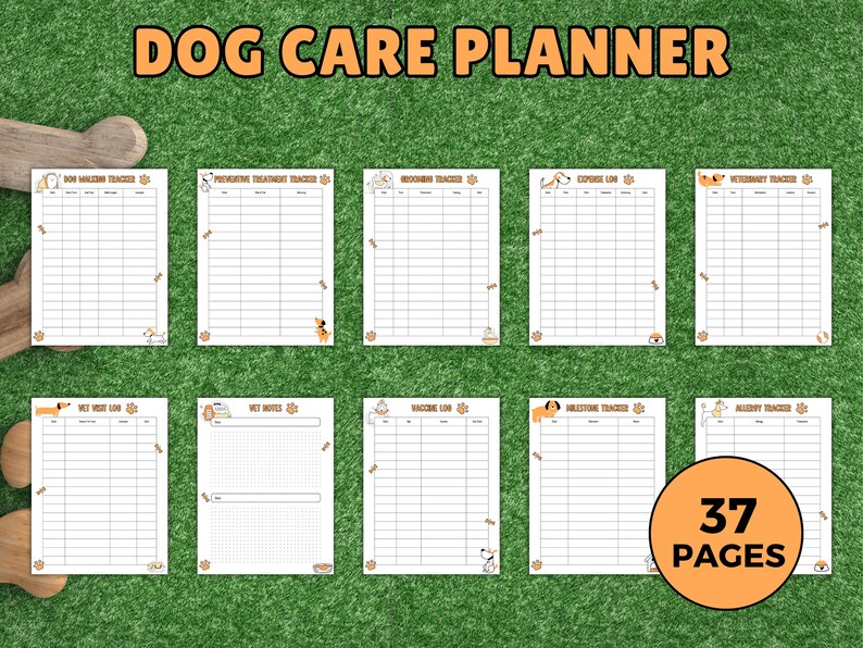 May include: A dog care planner with the text "DOG CARE PLANNER" at the top. The planner includes various trackers such as grooming, expense, and veterinary logs. The planner has 37 pages and is set against a green background.