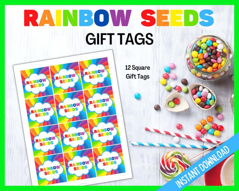 Rainbow Seeds Tag, Rainbow Seeds Gift Tags, Rainbow Seeds Cards, Printable Rainbow Square Tag, St Patrick's Day Gift Tags, St Paddy's Seeds image 2