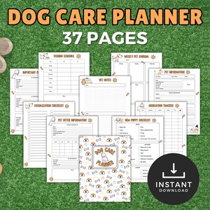 May include: A dog care planner with 37 pages, featuring a cover with a dog and bone pattern. The planner includes sections for feeding schedules, pet information, and vet notes. An instant download icon is visible.